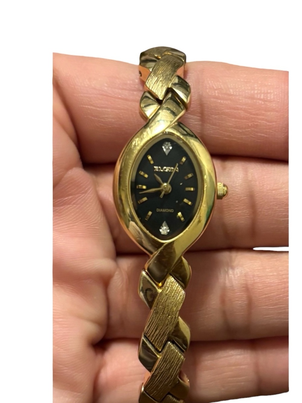 Elgin Women's Gold-Tone Bracelet Watch with Black Dial and Diamond Accents